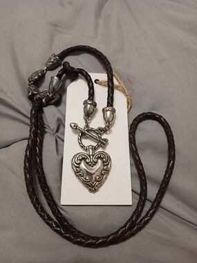Brighton Vtg Brown Braided Leather Necklace with Silver Heart Pendant- Toggle